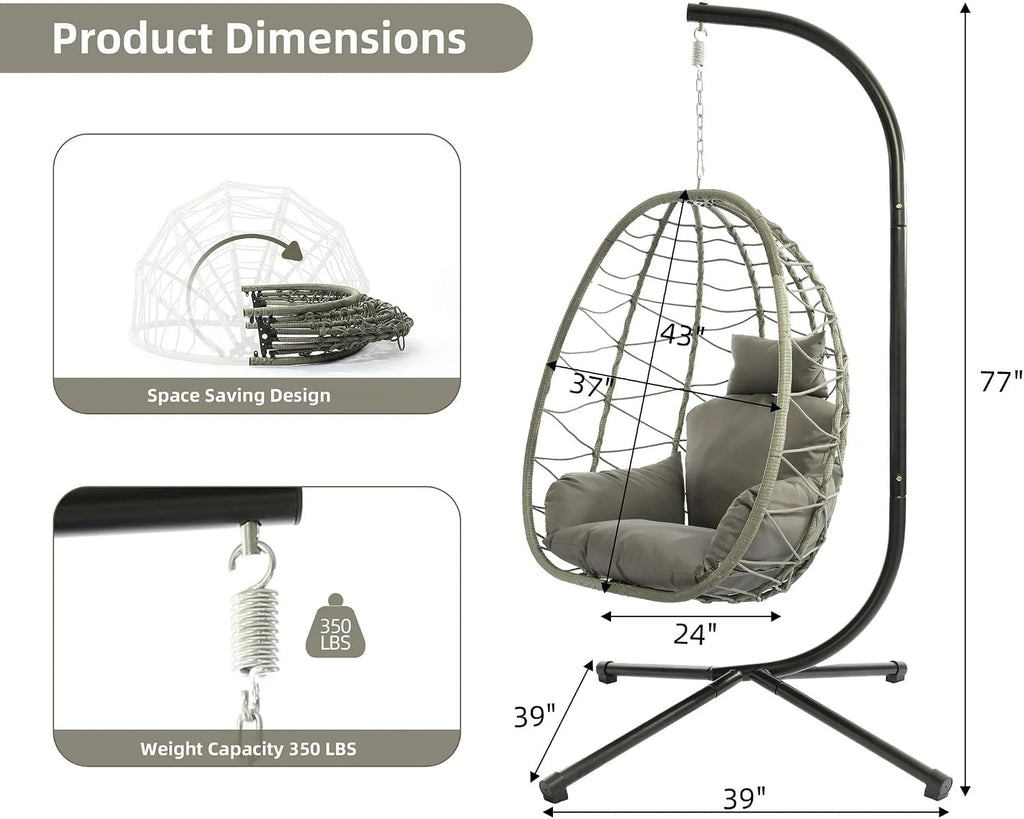 LEX CRAFT Egg Chair with Stand, Swing Chair Hanging Chair Nest Basket, UV Resistant Removable & Washable Cushions,350LBS Capacity for Bedroom, Balcony, Garden(GR-GR)