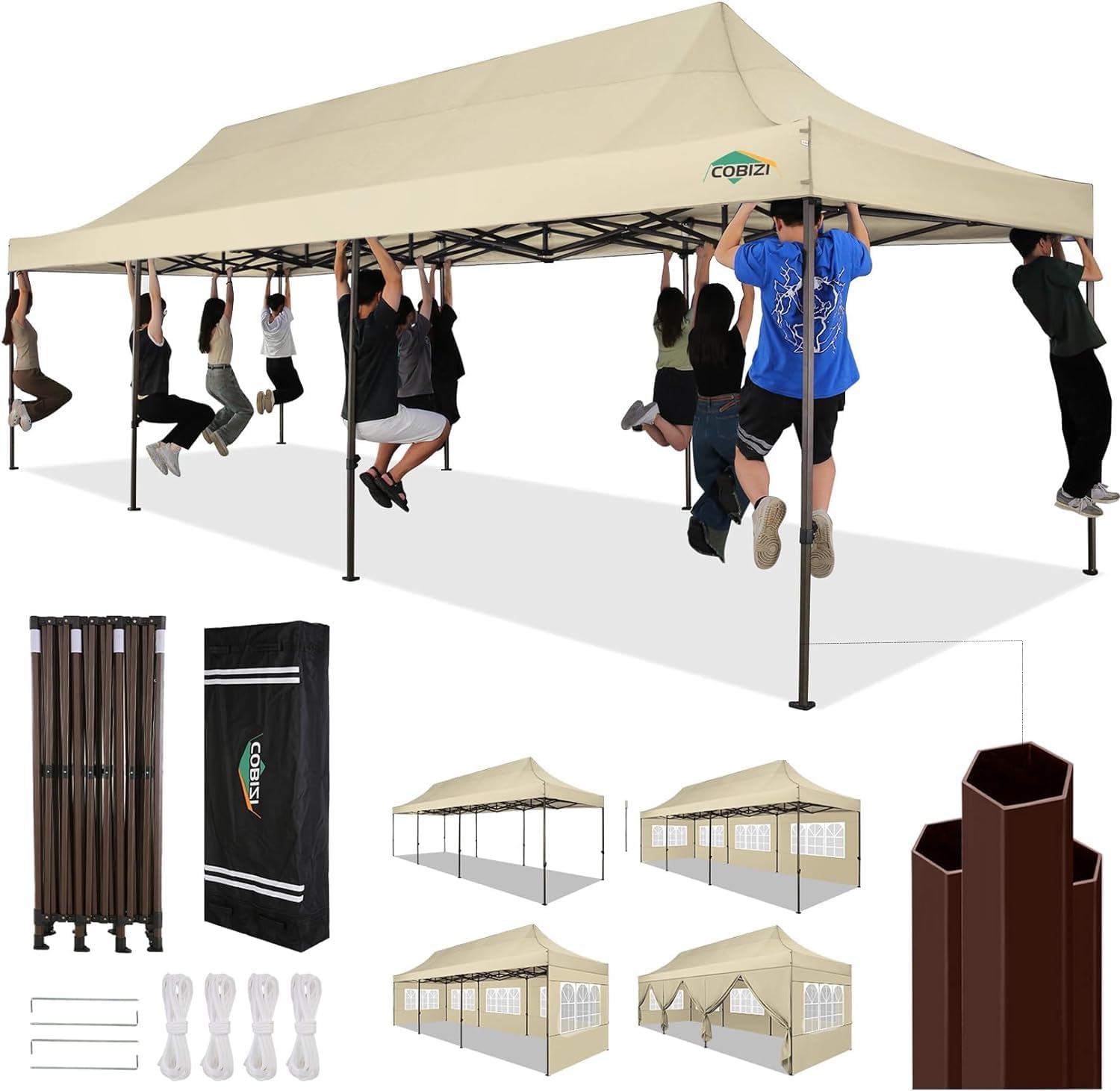 COBIZI Heavy Duty 10x30 Party Tent, Commercial 10x30 pop up Canopy for Parties Waterproof Gazebos with 8 Sidewalls, All Season Wind & Waterproof UPF50+,Stable Thickened Frame, Khaki