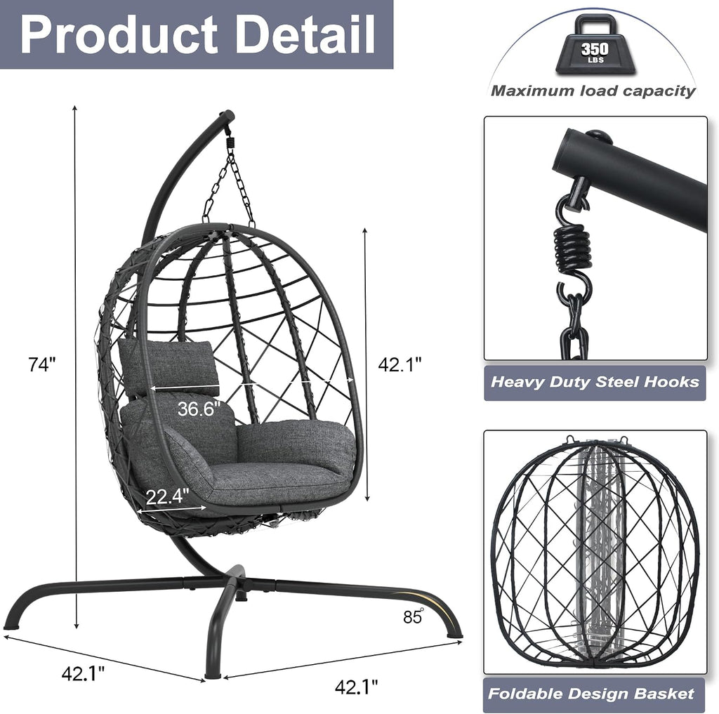 Hanging Egg Chair with Stand Patio Wicker Rattan Swing Chair Hammock Egg Chair for Indoor & Outdoor 400lbs Capacity with Thickened Cushion for Bedroom Balcony Garden