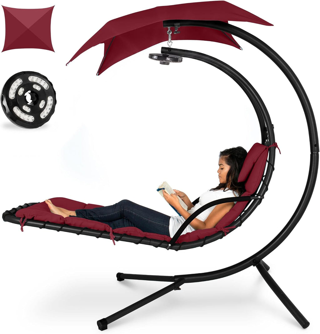 Best Choice Products Hanging LED-Lit Curved Chaise Lounge Chair Swing for Backyard, Patio, Lawn w/ 3 Light Settings, Weather-Resistant Pillow, Removable Canopy Shade, Steel Stand - Burgundy