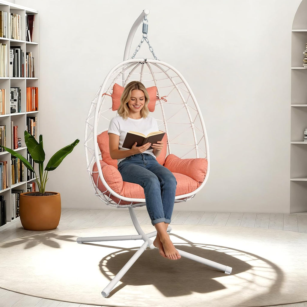 Egg Chair with Stand, Wicker Hanging Chair for Outdoor Patio, Cushioned Hammock Swing for Bedroom Garden Indoor/Outdoor, Double-Zipper Structure Hanging Egg Chair (White and Orange-red)