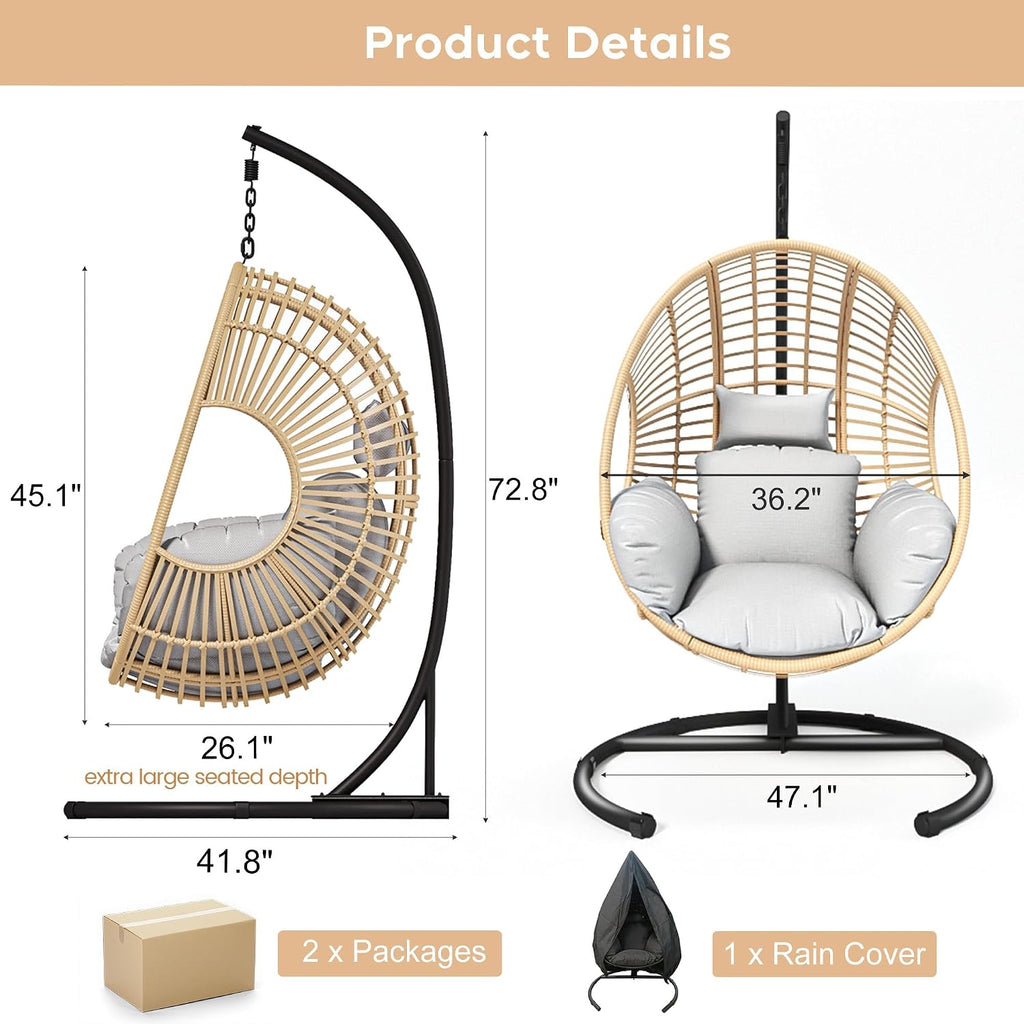 Hanging Egg Chair with Stand, Outdoor Swing Egg Chair with Rain Cover, 400 LBS Capacity All-Weather PE Wicker Swing Chair with Waterproof Cushions