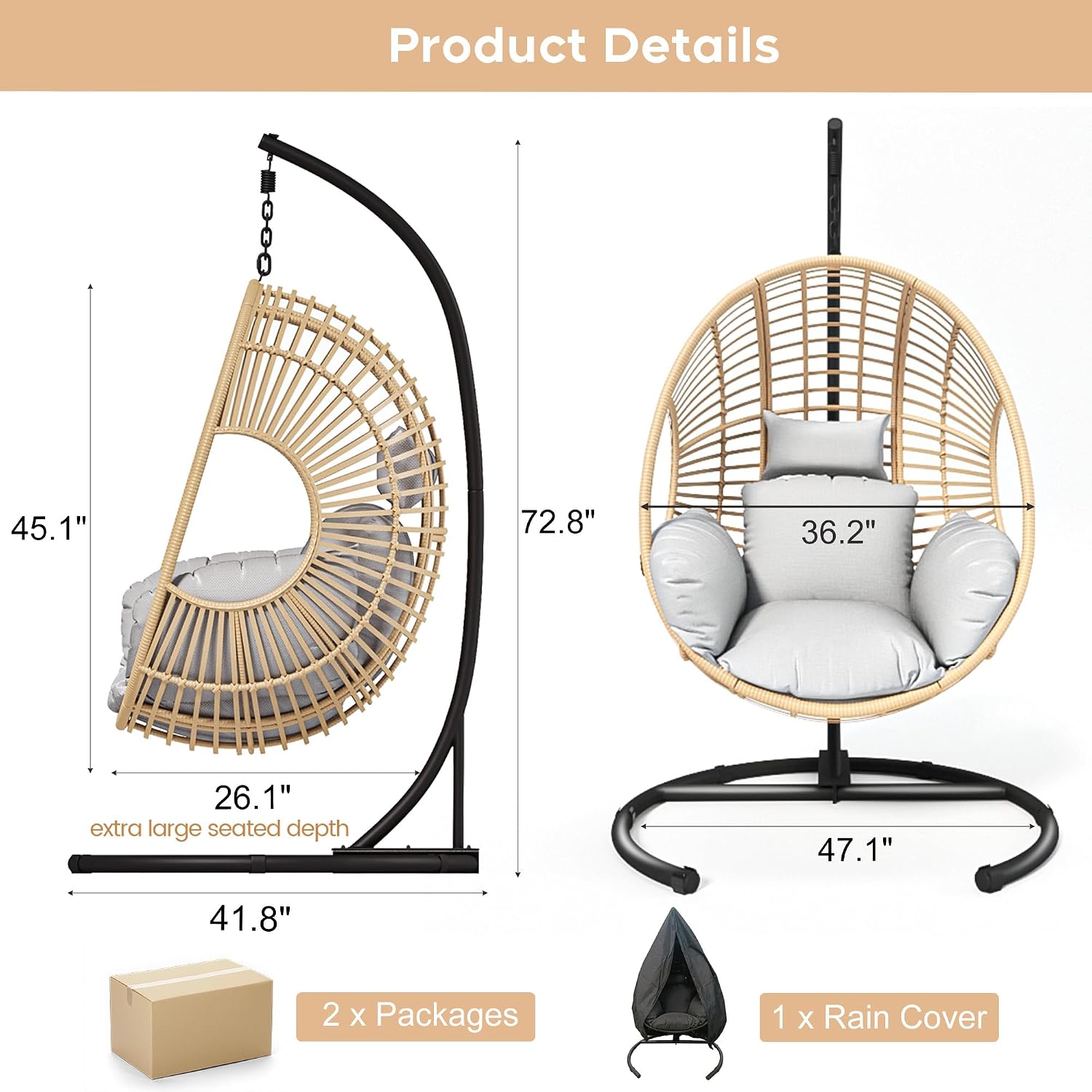 Hanging Egg Chair with Stand, Outdoor Swing Egg Chair with Rain Cover, 400 LBS Capacity All-Weather PE Wicker Swing Chair with Waterproof Cushions