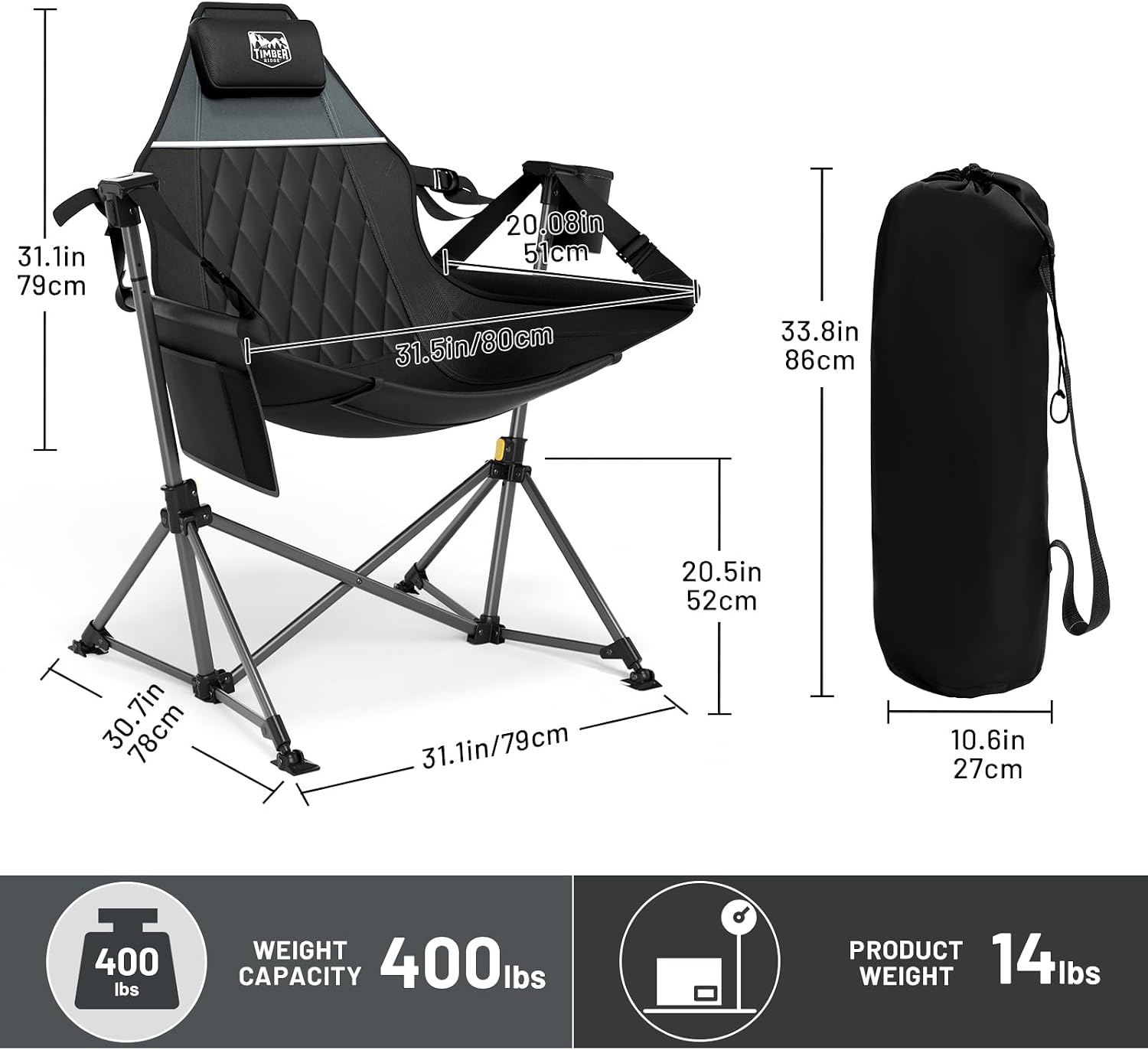 TIMBER RIDGE Oversized Hammock Camping Chair, Swinging Chair with Adjustable Back and Seat Height, Portable Folding Rocking Chair for Outdoor Lawn, Backyard and Patio, Supports 400lbs, Black, 2 Pack