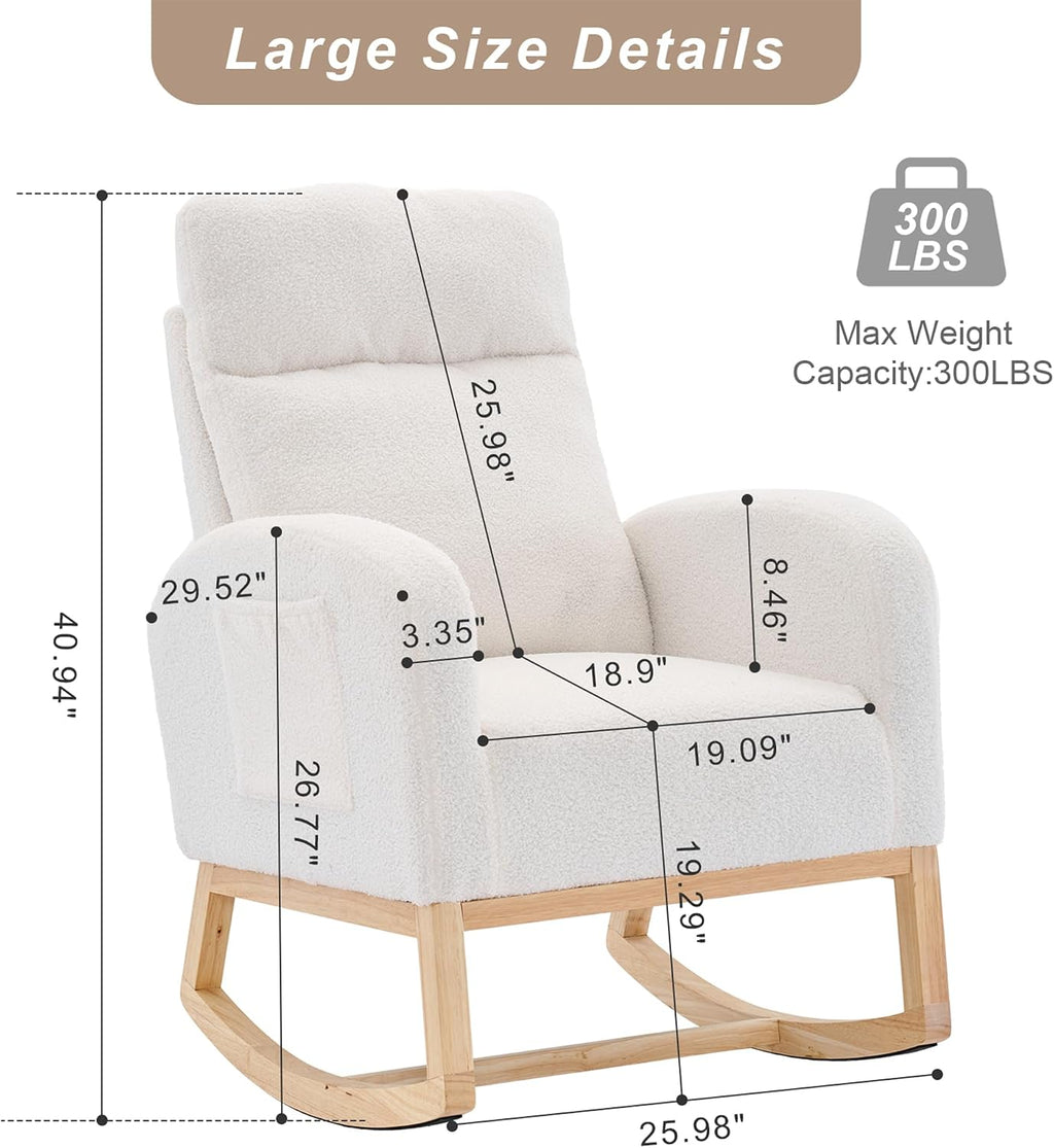 Nursery Rocking Chair with Solid Wood Legs, Glider Chair for Nursery with Side Pocket, Rocker Armchair for Living Room Bedroom (White, Teddy Fabric)