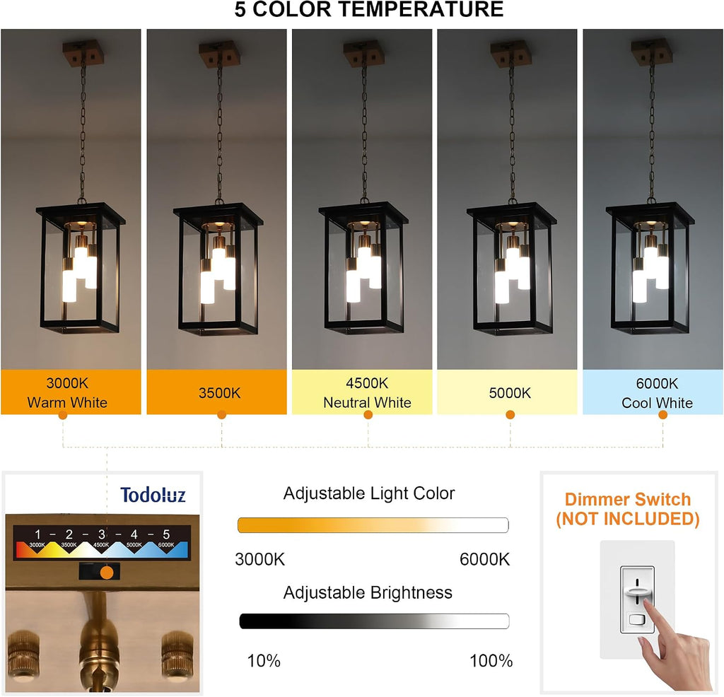 TODOLUZ 3-Light Large Outdoor Pendant Light with Frosted Coloum, 5CCT Dimmable Exterior Chandelier Hanging Porch Lighting (3000K/3500K/4500K/5000K/6000K)