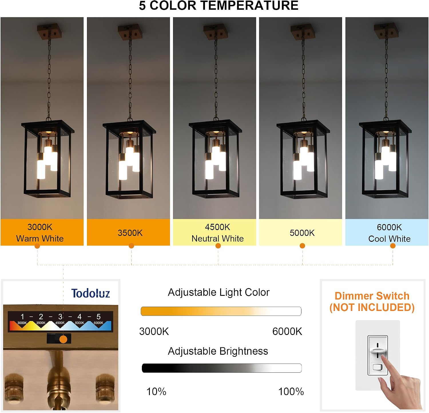 TODOLUZ 3-Light Large Outdoor Pendant Light with Frosted Coloum, 5CCT Dimmable Exterior Chandelier Hanging Porch Lighting (3000K/3500K/4500K/5000K/6000K)