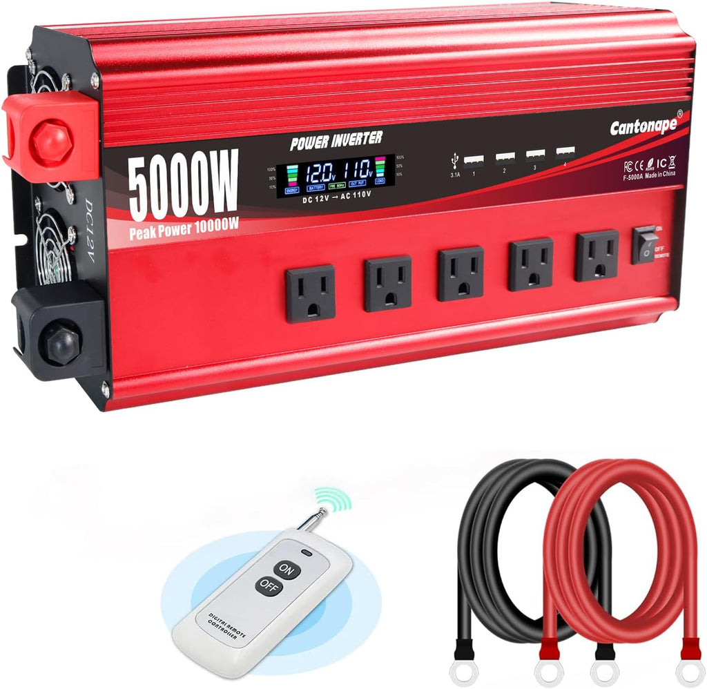Cantonape 5000W Power Inverter 12V to 110V/120V DC to AC with LCD Display, Remote Controller 5 x AC Outlets and 4 x 3.1A USB Car Adapter for Car Truck Boat RV Solar System