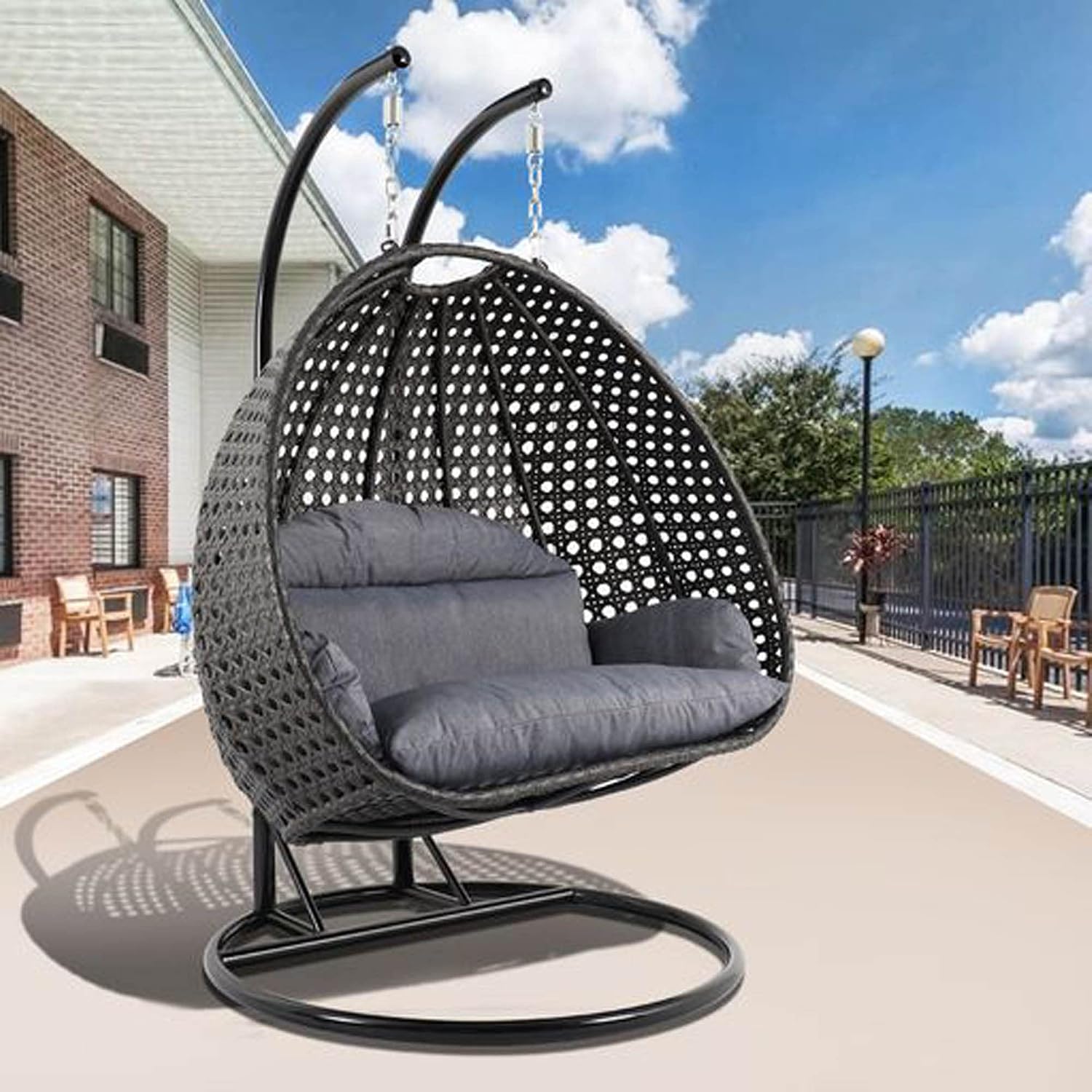 LeisureMod 2 Person Wicker Egg Chair Outdoor Indoor Bedroom Patio Hanging Lounge Swing Hammock Chairs with Black Stand and UV Resistant Cushions (Charcoal Blue)