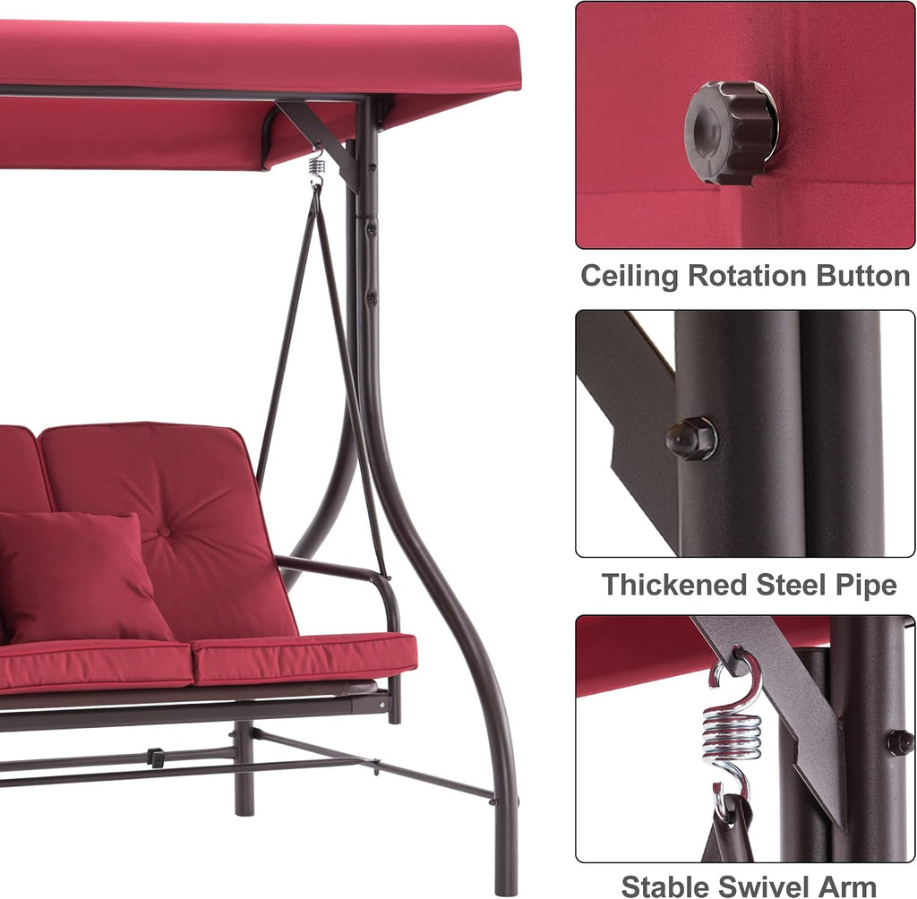 MCombo 3-Seat Outdoor Patio Swing Chair, 2-in-1 Convertible Porch Swing Glider Chair with Removable Cushions, Adjustable Canopy & Pillows for Backyard, Deck, Garden, 4068 (Burgundy)