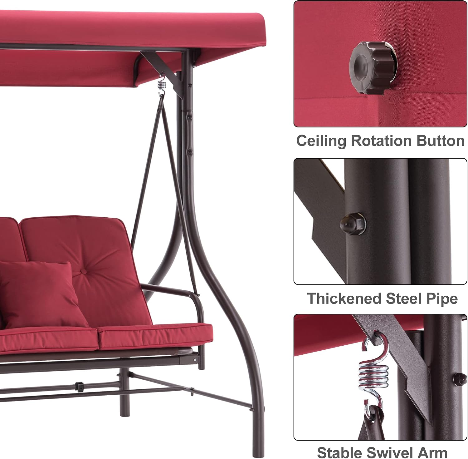MCombo 3-Seat Outdoor Patio Swing Chair, 2-in-1 Convertible Porch Swing Glider Chair with Removable Cushions, Adjustable Canopy & Pillows for Backyard, Deck, Garden, 4068 (Burgundy)