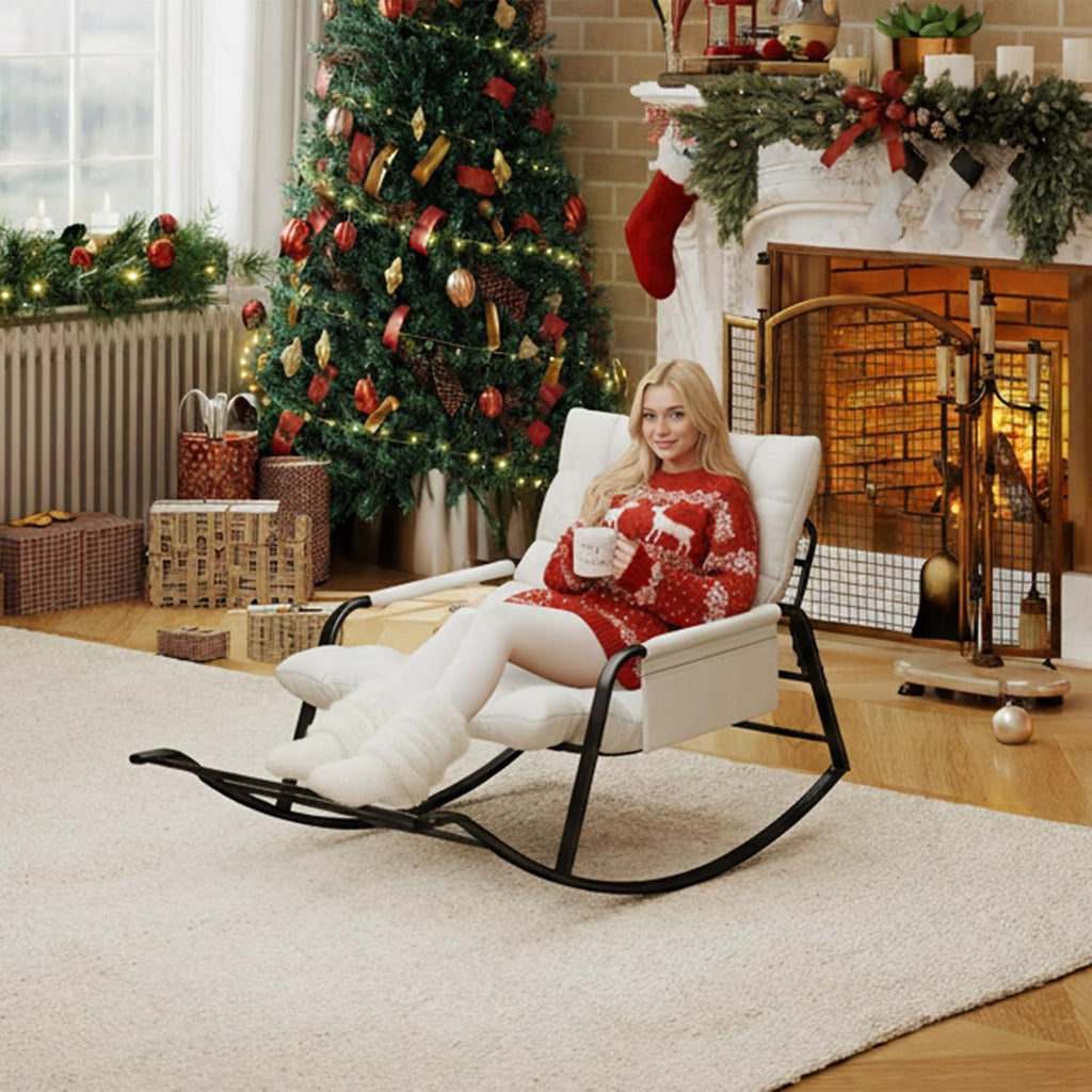 Oversized Indoor Rocking Chair, Plush Papasan Chair with Comfy Padded Cushions & Side Pocket, for Patio Garden, Porch, Lounge, Outdoor, Beige
