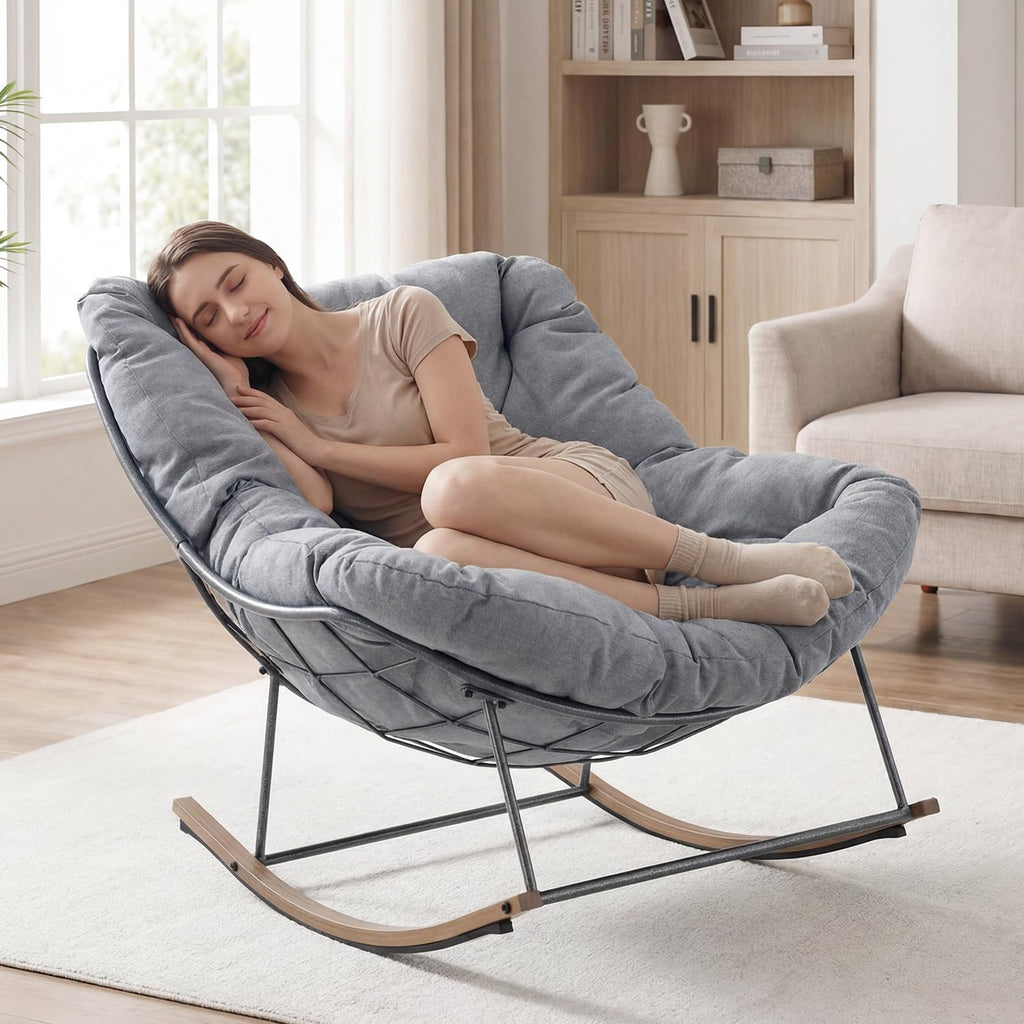 Outdoor Rocking Chair, 400 lbs Sturdy Frame with Thick Cushion,Patio Papasan Chair for Bedroom, Living Room, Porch, Garden(Grey)