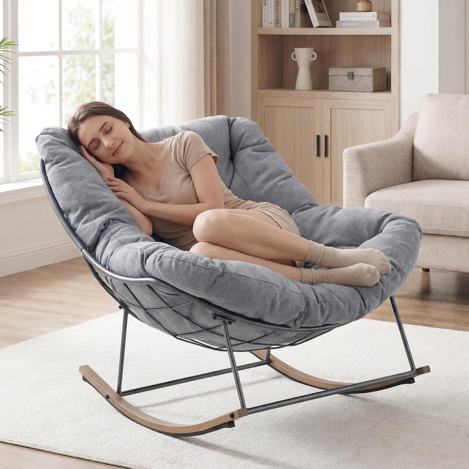 Outdoor Rocking Chair, 400 lbs Sturdy Frame with Thick Cushion,Patio Papasan Chair for Bedroom, Living Room, Porch, Garden(Grey)