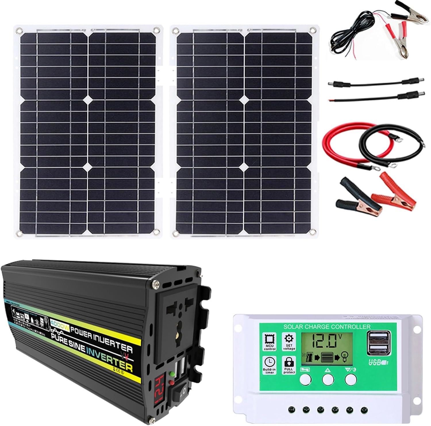 Solar System Kit 3000W/4000W 12V to 110V/220V Inverter Solar Panel Kit 50A Controller + 50W18V Foldable Solar Panel Home Grid System Solar Generator(800W,12V-220V)