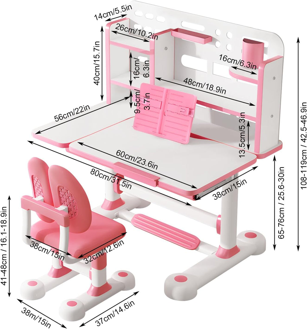 Kids Desk and Chair Set, Height Adjustable Kids Study Desk with Widened Tabletop,Tiltable Reading Stand, Spine Protect & Prevent Myopia, for Boys & Girls 3+ (Blue 2)