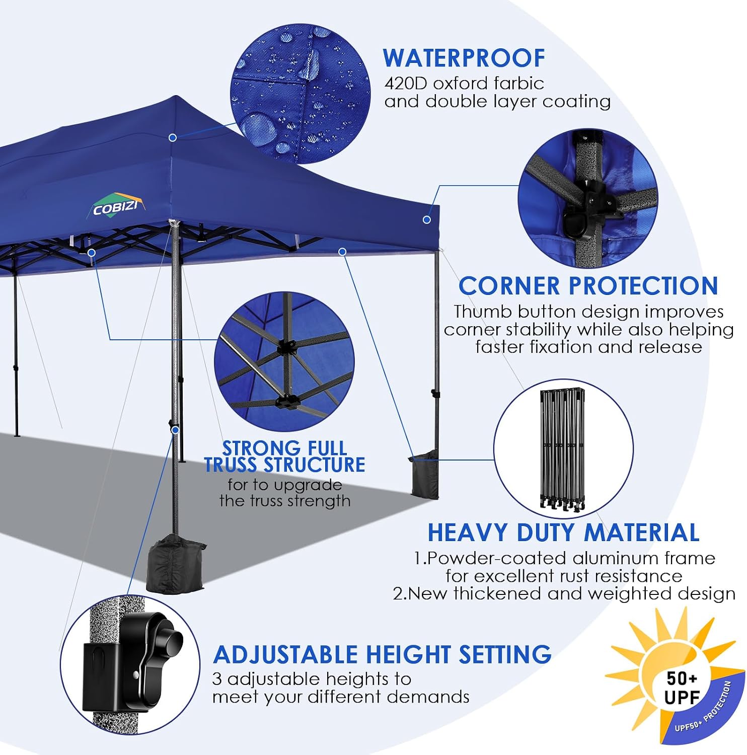 COBIZI 10x30 Pop up Canopy, Heavy Duty Outdoor Party Tents for Parties, Easy up UPF 50+ Waterproof Commercial Canopy with Wheeled Bag can fold, Dark Blue
