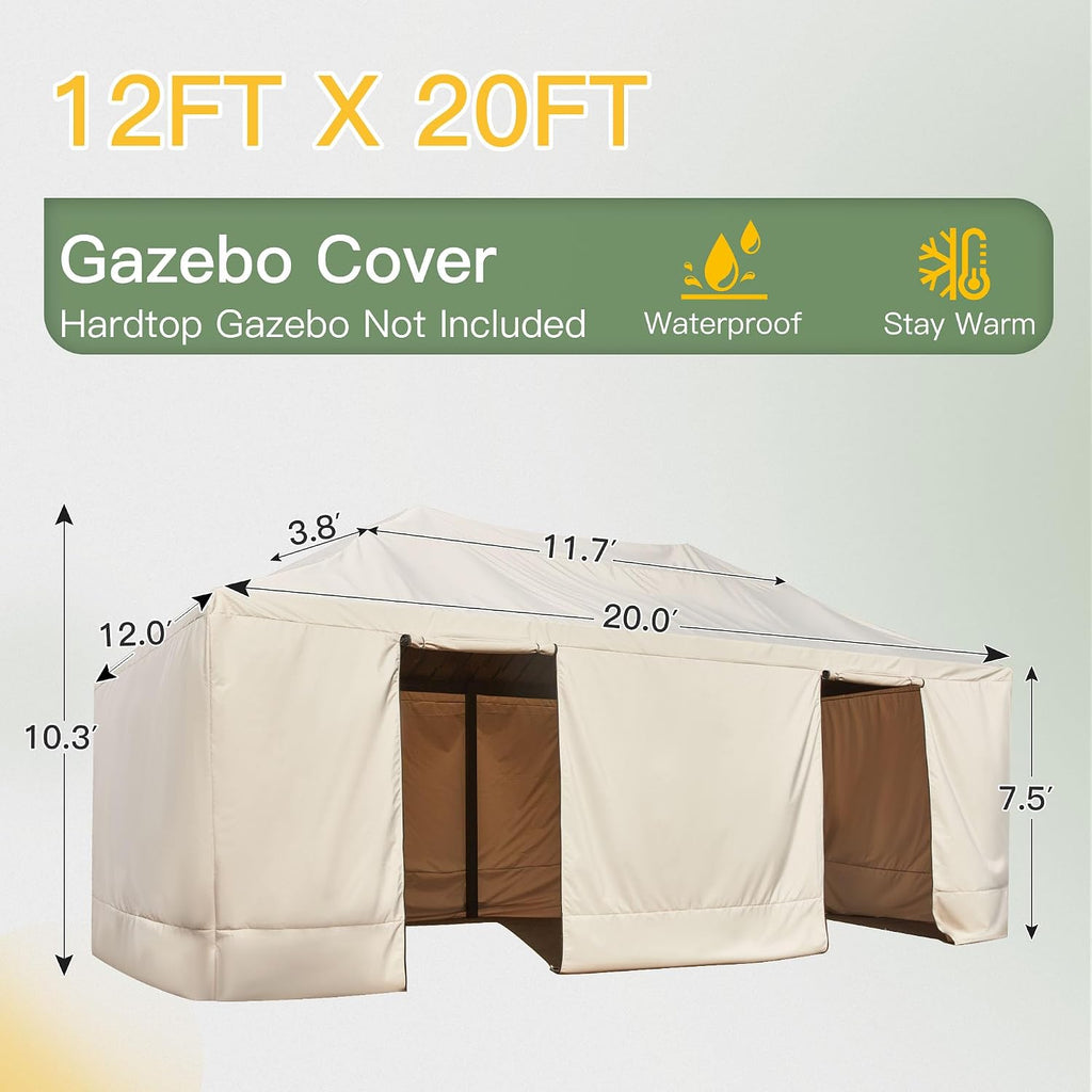 YOLENY Winter Gazebo Cover for 12×20 Hardtop Gazebo, Gazebo Accessories for All Seasons, Transform Your Gazebo for Winter, with Mesh Screens and Doors and Windows (Hardtop Gazebo Not Included), Beige