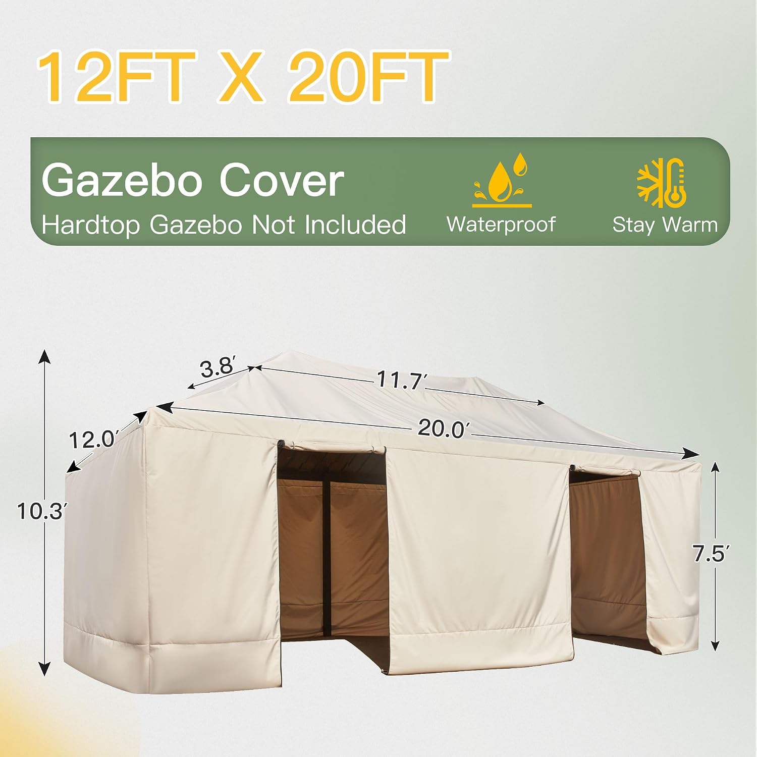 YOLENY Winter Gazebo Cover for 12×20 Hardtop Gazebo, Gazebo Accessories for All Seasons, Transform Your Gazebo for Winter, with Mesh Screens and Doors and Windows (Hardtop Gazebo Not Included), Beige