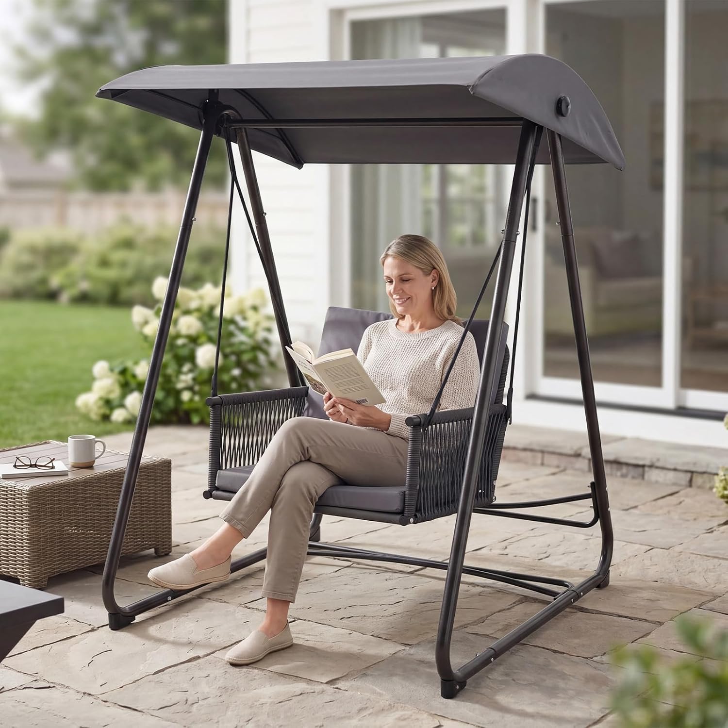 Porch Swing with Stand, Outdoor Swing with Canopy, All Weather Outdoor Swings for Adults, 400lbs Heavy Duty Porch Swings with Removable Cushions, Single Hanging Chair for Small Space, Grey