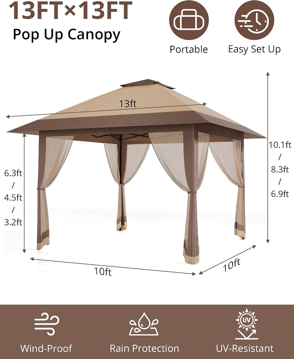 13x13 Pop Up Gazebo, Outdoor Canopy Tent with Mosquito Netting, [Adjustable Height & Spacious] Pop Up Tent with Double Roof, UV-Resistant Outdoor Gazebo for Backyard, Patio, Lawn, Garden, Deck(Khaki)