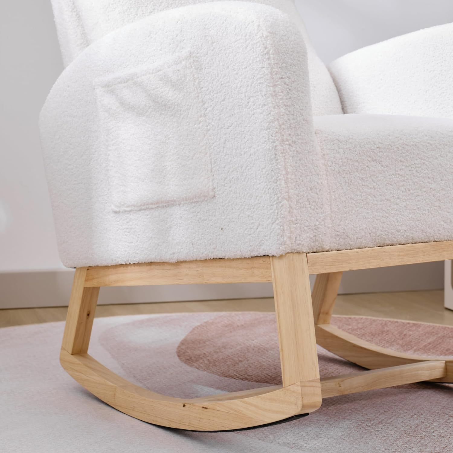 Nursery Rocking Chair with Solid Wood Legs, Glider Chair for Nursery with Side Pocket, Rocker Armchair for Living Room Bedroom (White, Teddy Fabric)