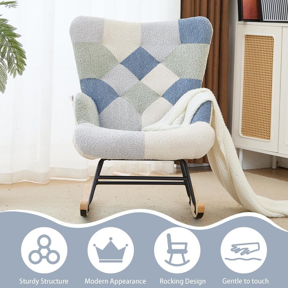 Nursery Rocking Chair Teddy Upholstered Glider Rocker Rocking Accent Chair with High Backrest Armchair Comfy Side Chair for Living Room, Bedroom, Offices (Spliced Blue)