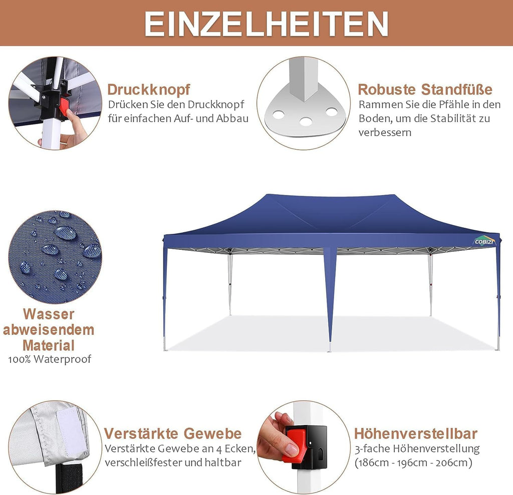 COBIZI 10x20 Pop up Canopy Tent with 6 Sidewalls, Easy Set up Canopy Tents Gazebos for Parties with Metal Frame, Waterproof & UV50+, Height Adjustable, Potable Carry Bag Included (Dark Blue)