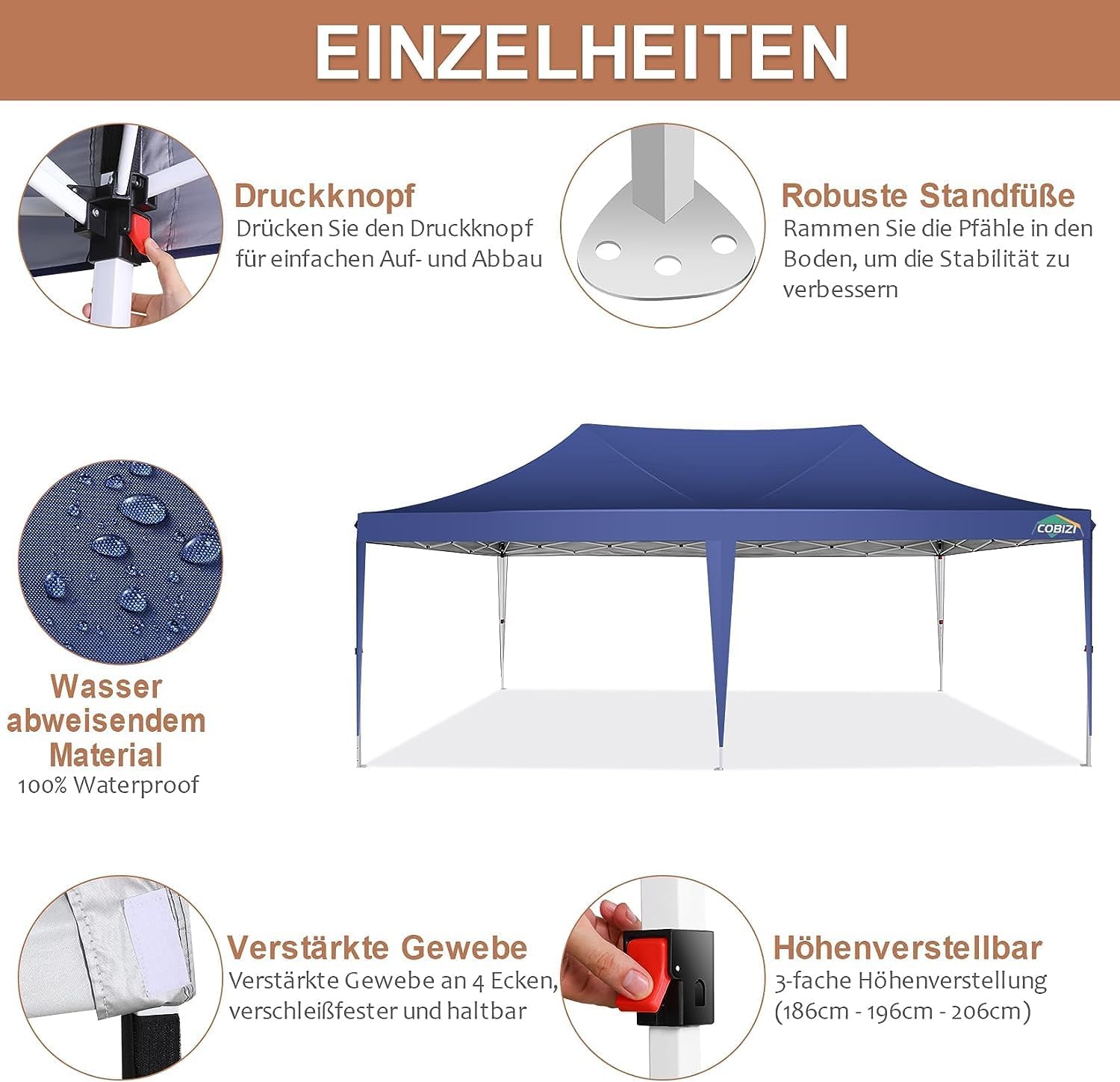 COBIZI 10x20 Pop up Canopy Tent with 6 Sidewalls, Easy Set up Canopy Tents Gazebos for Parties with Metal Frame, Waterproof & UV50+, Height Adjustable, Potable Carry Bag Included (Dark Blue)