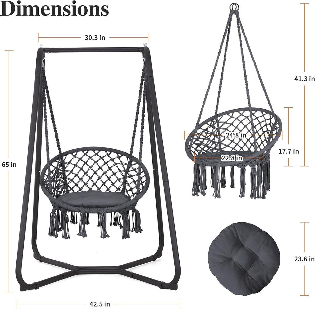 SUNCREAT Hammock Chair with Stand Included, Heavy Duty Hanging Chair with Stand, 330 lbs Capacity, Patent Pending, Grey
