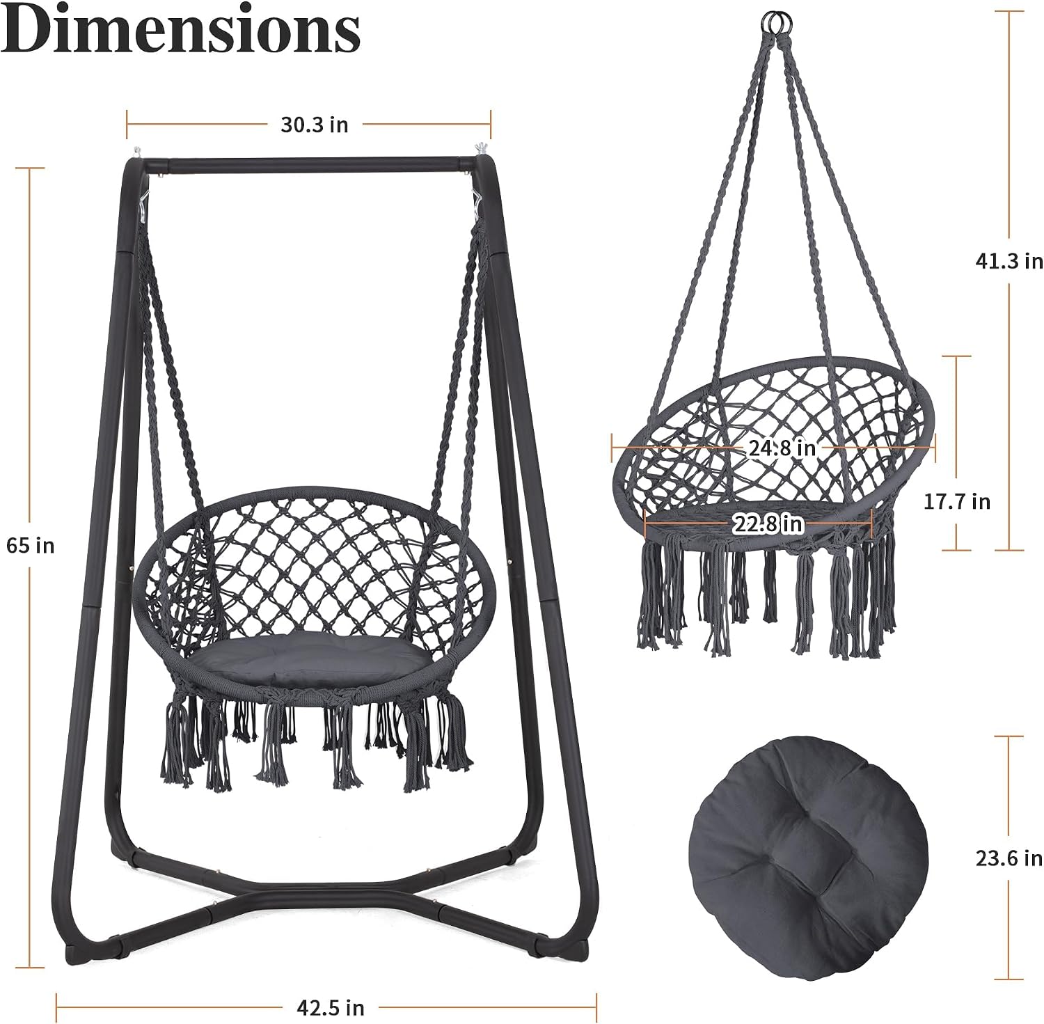 SUNCREAT Hammock Chair with Stand Included, Heavy Duty Hanging Chair with Stand, 330 lbs Capacity, Patent Pending, Grey