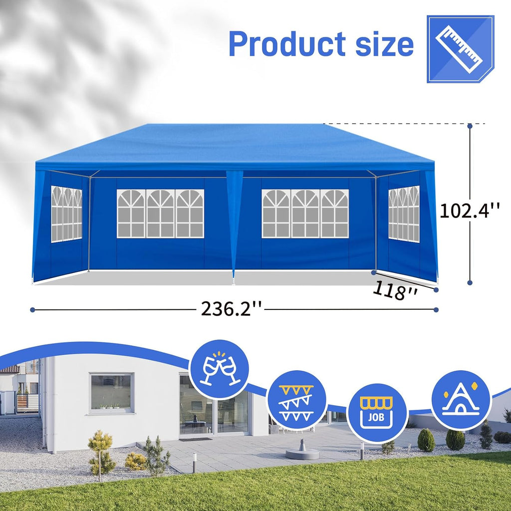 Party Tent for Outdoor Wedding, Birthday, Event, Patio Gazebo, Carport Canopy Shade With Removable Sidewalls & Transparent Window (10'x20'/6 Sidewalls Blue)