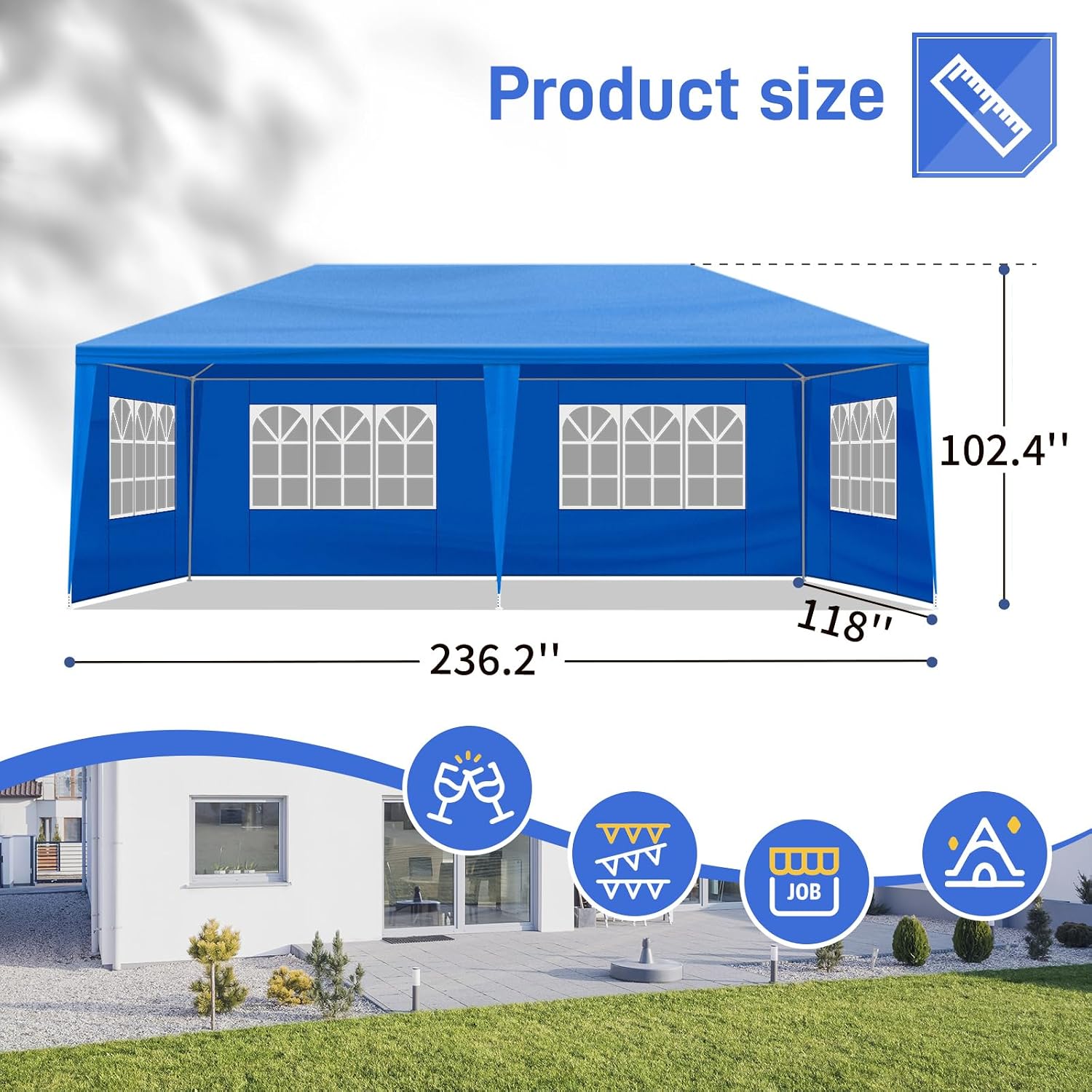 Party Tent for Outdoor Wedding, Birthday, Event, Patio Gazebo, Carport Canopy Shade With Removable Sidewalls & Transparent Window (10'x20'/6 Sidewalls Blue)