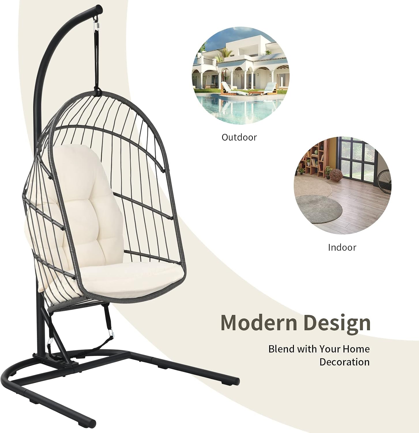 Giantex Hanging Egg Chair with Stand, Outdoor Indoor Foldable Swing Chair with Cushions, Rattan Hanging Basket Chairs with C Hammock Stand, Hanging Hammock Chair for Bedroom Balcony Patio (Beige)