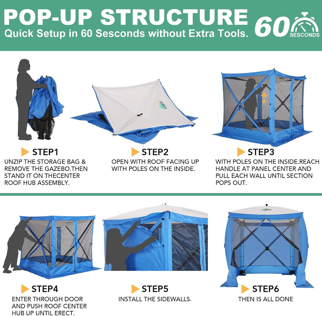COBIZI 6x6 Pop up Gazebo Tent, Ez up Waterproof Screen Tent Screen House, Portable Outdoor Canopy Sun Shelter with Carry Bag & Ground Stakes for Camping, Garden and Picnics, Blue(Upgraded 2.0)