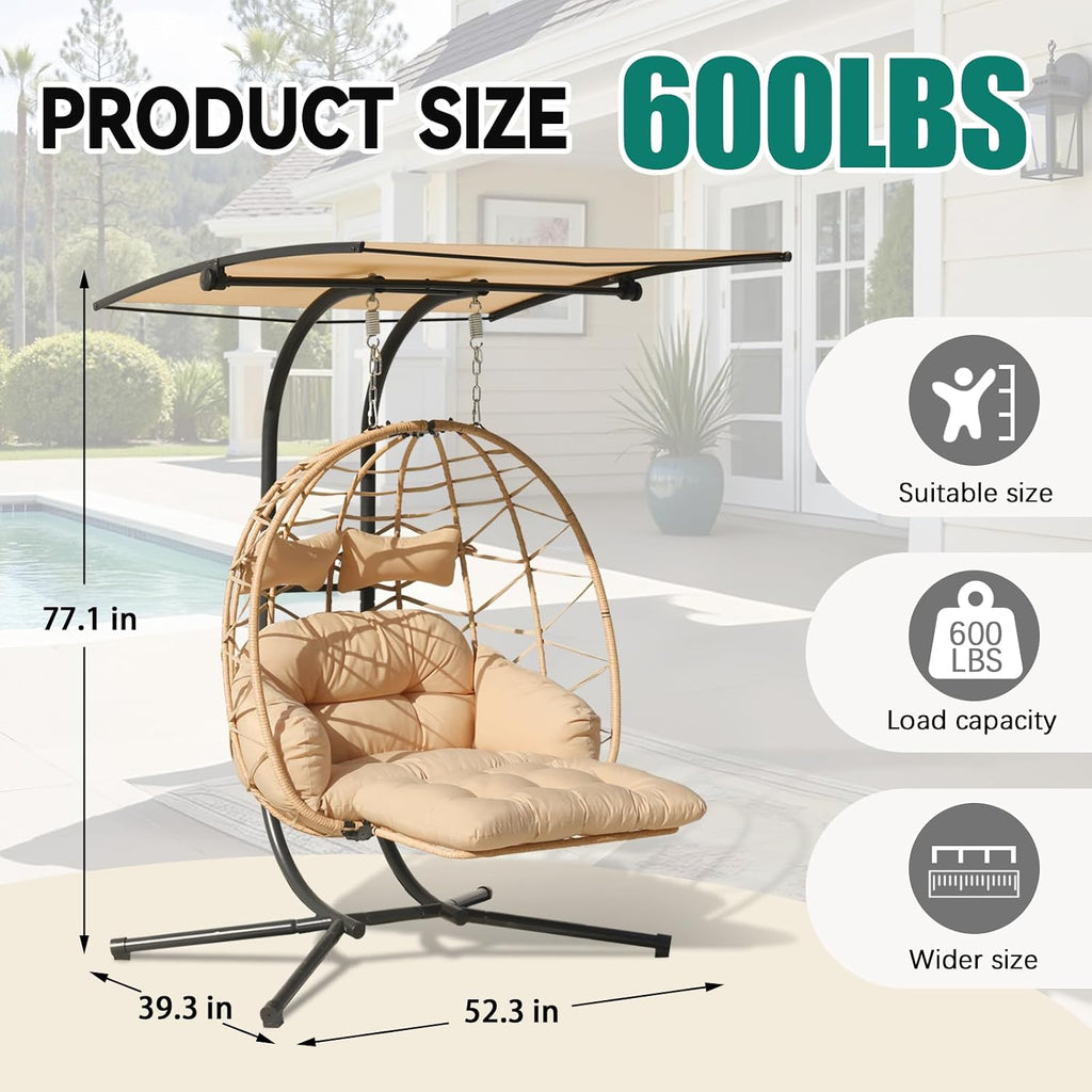 Double Egg Chair with Foldable Stand/Adjustable Canopy 2 Person Outdoor Hammock Swing Chair UV Resistant Removable Cushions for Outdoor Patio Balcony Garden (Beige)