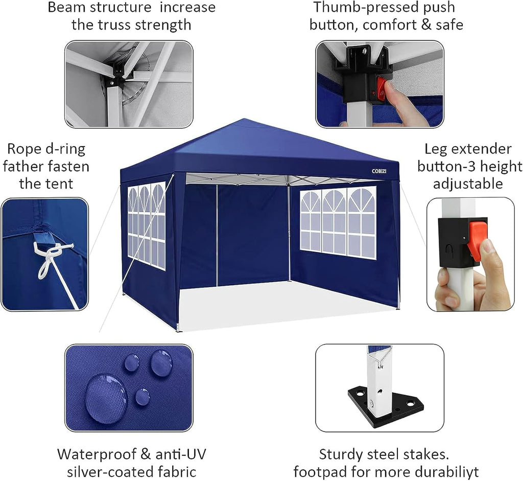 COBIZI 10x10 Pop Up Canopy Tent with 4 Removable Sidewalls, UPF 50+ Waterproof 10x10 Outdoor Portable Canopy for Commercial, Parties, Backyard, Beach with Carry Bag, Ropes, Stakes (Navy Blue, 10'x10')