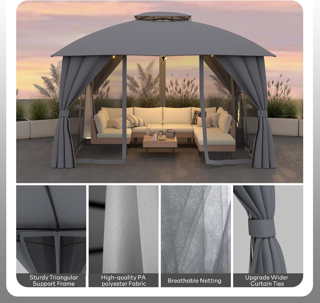 Gazebo 10x12 with Mosquito Netting & Privacy Screens. Double Roof Design Outdoor Gazebo with Trapezoidal Support System for Patio, Deck, Backyard, Garden & Lawns(Dark Gray)