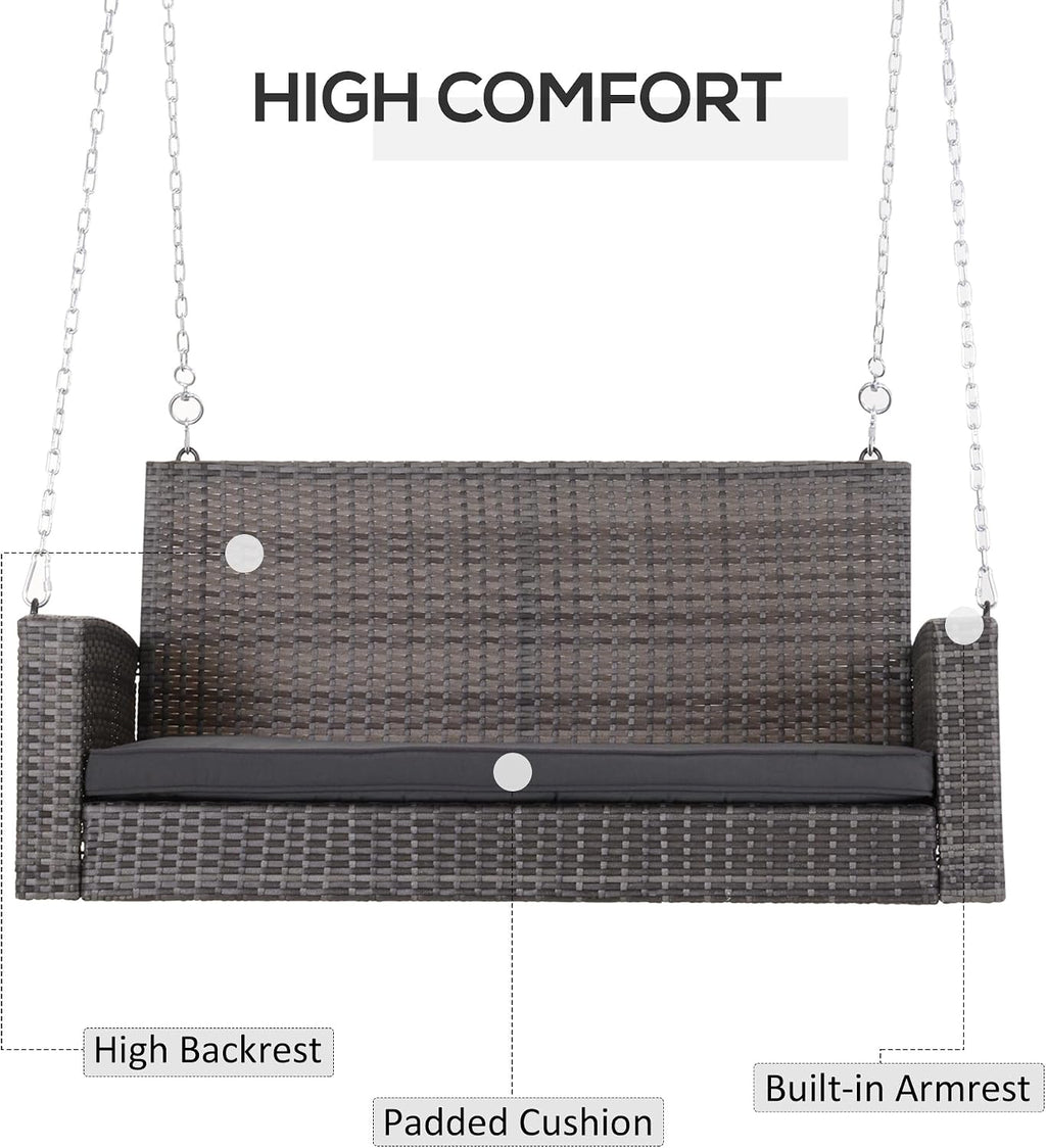 Outsunny 2 Person Wicker Hanging Swing Bench, Front Porch Swing Outdoor Chair with Cushions 550 lbs. Weight Capacity for Backyard, Garden, Grey