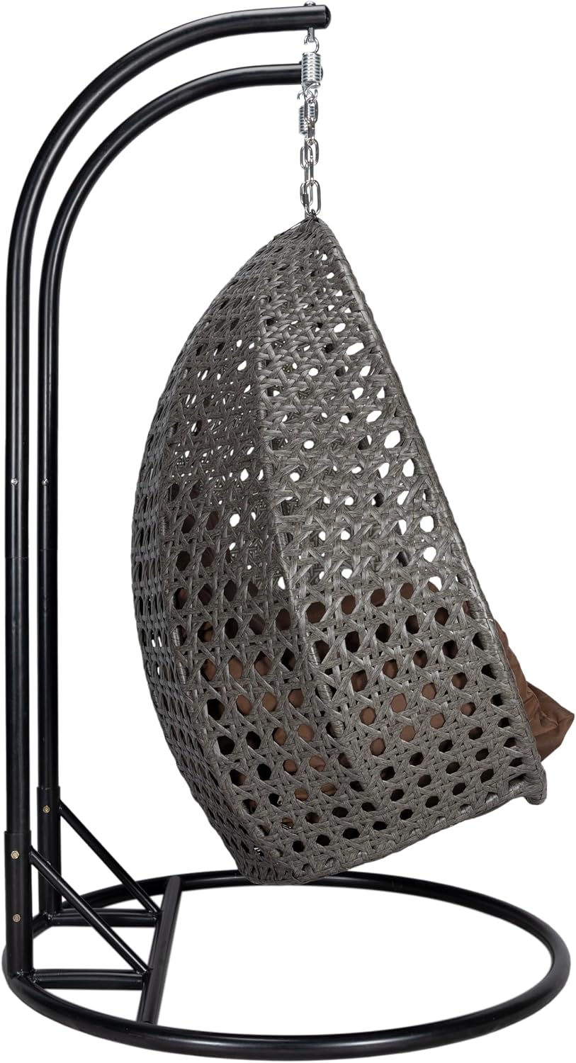 LeisureMod 2 Person Wicker Hanging Egg Chair with Stand & UV-Resistant Cushions for Indoor/Outdoor, Patio, Lounge, Hammock Seat, Brown