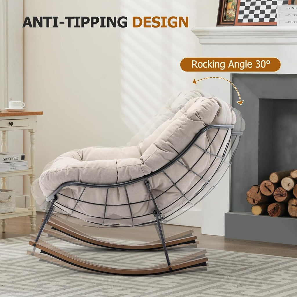 Outdoor Rocking Chair, 400 lbs Sturdy Frame with Thick Cushion,Patio Papasan Chair for Bedroom, Living Room, Porch, Garden(Beige)
