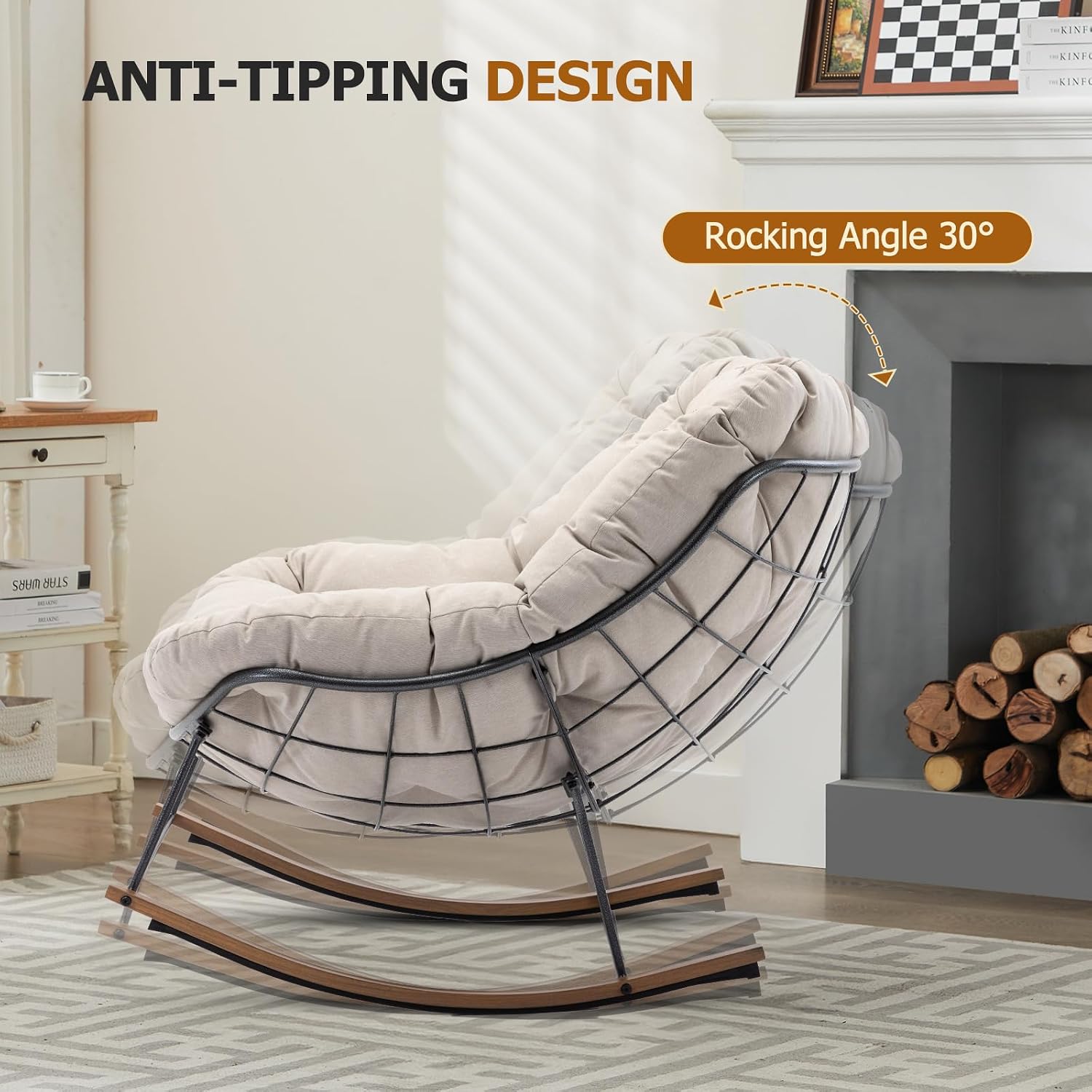 Outdoor Rocking Chair, 400 lbs Sturdy Frame with Thick Cushion,Patio Papasan Chair for Bedroom, Living Room, Porch, Garden(Beige)
