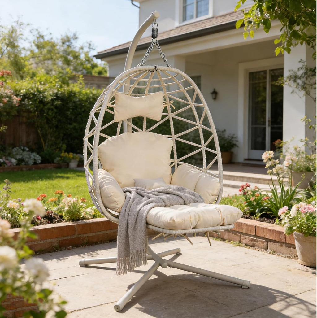 Hanging Egg Chair with Stand & Leg Rest,Rattan Wicker Swing Chair with Cushion,Patio Basket Hanging Chair Wicker Hammock Chair for Indoor Outdoor Bedroom Garden,300LBS (White Rattan&White Cushion)