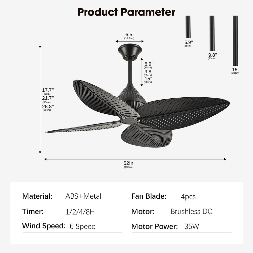 52' Black Tropical Ceiling Fans, Flush Mount Palm Leaf Ceiling Fan no Light, Indoor Ceiling Fans Without Light for Living Room Bedroom Kitchen Covered Gazebo, APP and Remote Control