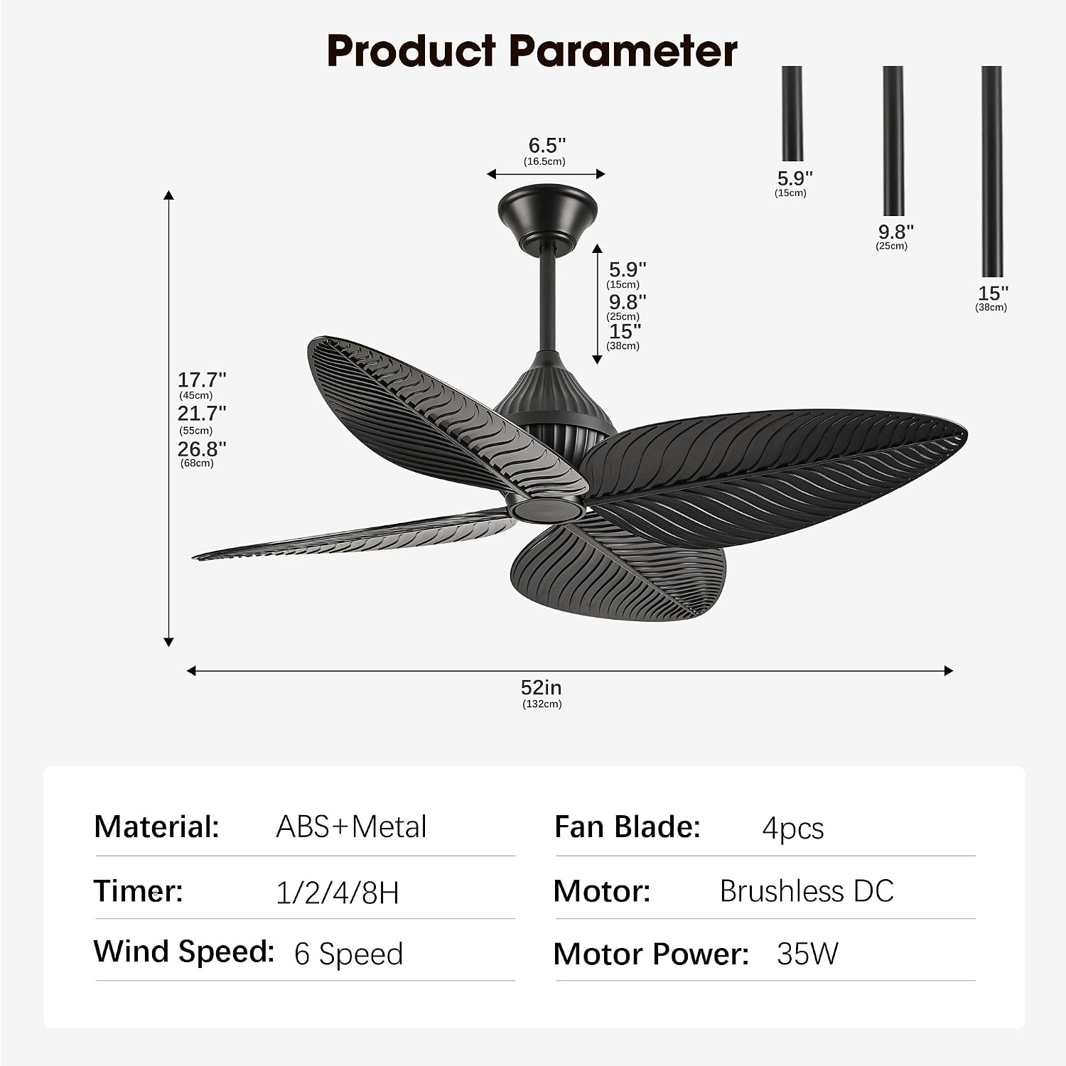 52' Black Tropical Ceiling Fans, Flush Mount Palm Leaf Ceiling Fan no Light, Indoor Ceiling Fans Without Light for Living Room Bedroom Kitchen Covered Gazebo, APP and Remote Control