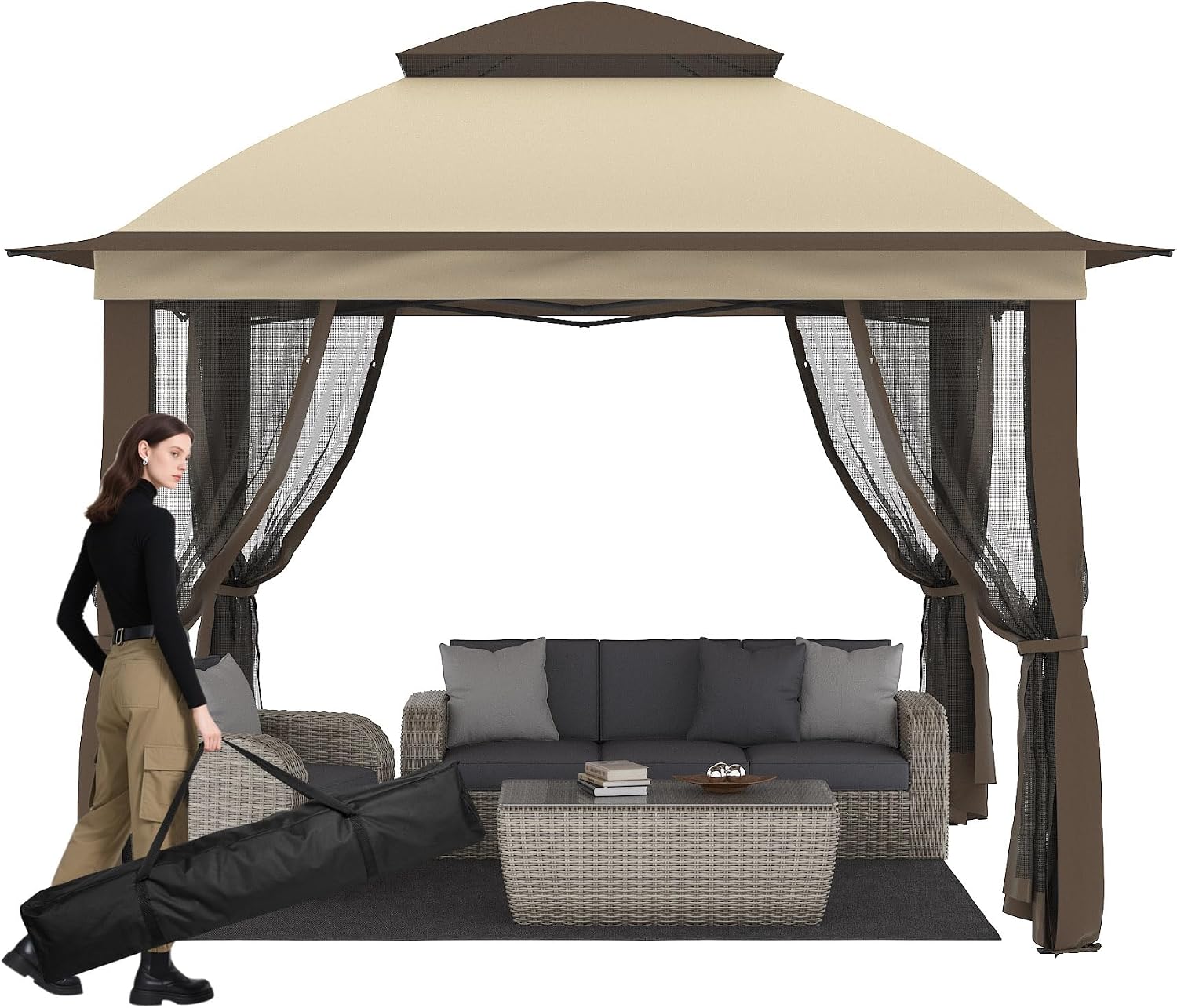 Pop Up Gazebo 11x11, Outdoor Instant Canopy Shelter Tent with Mosquito Netting Metal Frame Storage Bag for Patio Garden Backyard.(Beige)