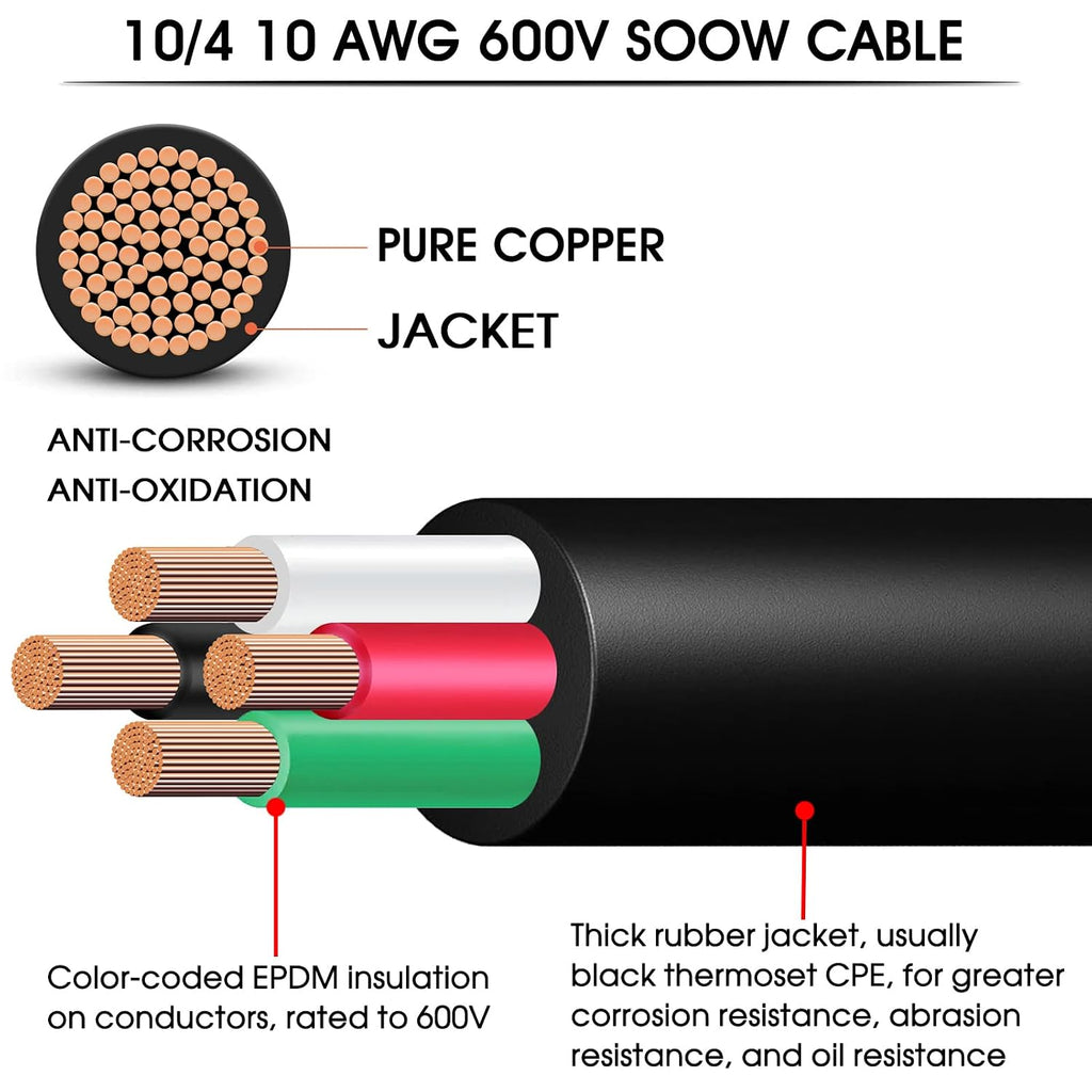 100ft 10/4 AWG SOOW Wire 10 Gauge Portable Power Cable 600V 4 Conductor 10/4 10 Gauge SOOW Extension Cord Electric Wire for Motor Lead,Generator,Welder,NEMA 14-30 RV Outlet Box,Car Battery Charger