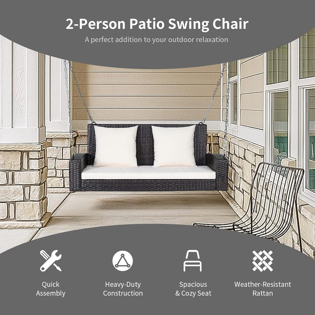 RELAX4LIFE 2-Seat Rattan Porch Swing, Wicker Outdoor Swings w/7.9 Ft Solid Metal Chain, Back & Seat Cushions for Garden Backyard, 800LBS Max Load, 2-Person Patio Swing, Beige & Black Cushion Covers