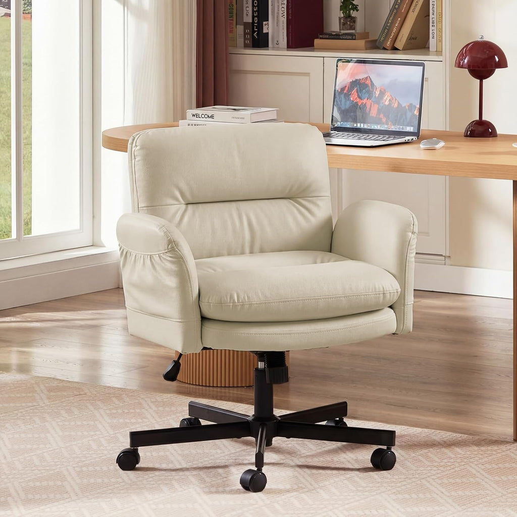 Bestier Criss Cross Office Chair with Flip-Up Armrests, Swivel Makeup Vanity Chair with Wheels & Side Pockets, Cross Legged Office Chair for Home Office, Bedroom, Beige PU Leather
