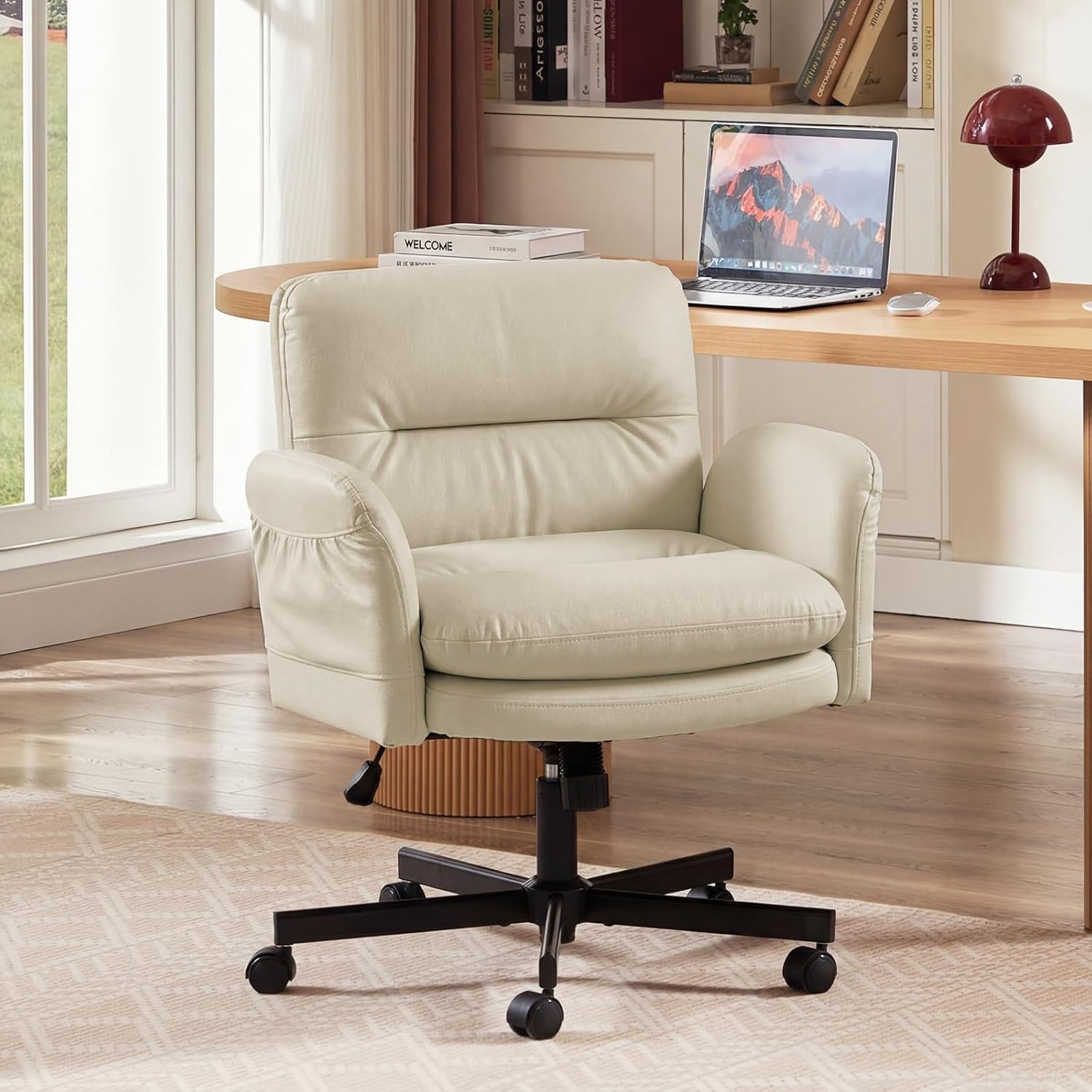 Bestier Criss Cross Office Chair with Flip-Up Armrests, Swivel Makeup Vanity Chair with Wheels & Side Pockets, Cross Legged Office Chair for Home Office, Bedroom, Beige PU Leather